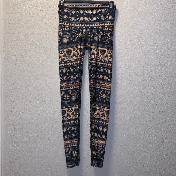Rare Teeki leggings full length navy tan floral moon star antlers